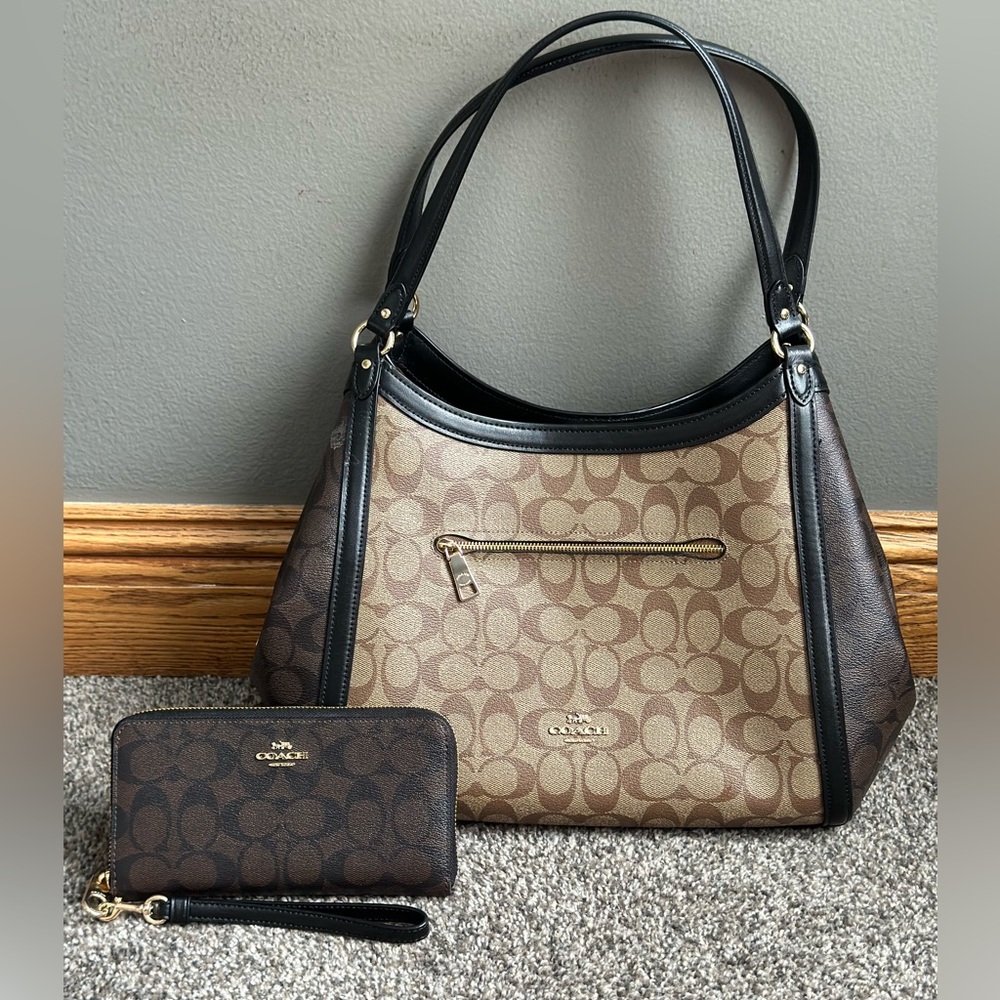 Coach Kristy Blocked Khaki Brown Signature Canvas Shoulder bag C6831 w/ Wallet